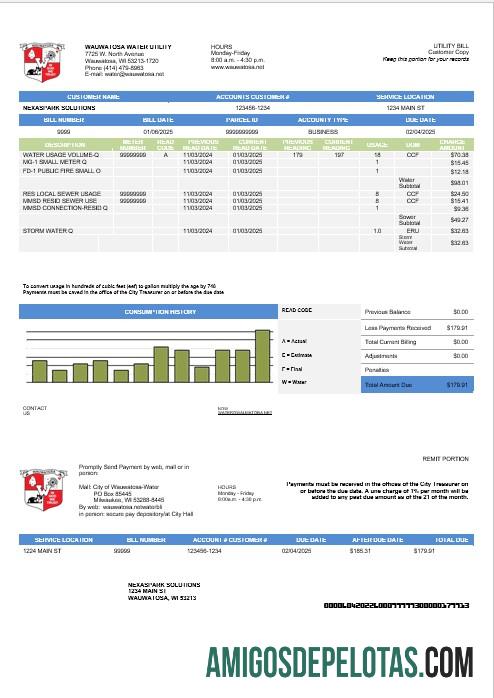 imprimível Modelo de fatura de serviços públicos de serviços públicos de água Wawatosa dos EUA em formatos Word e PDF